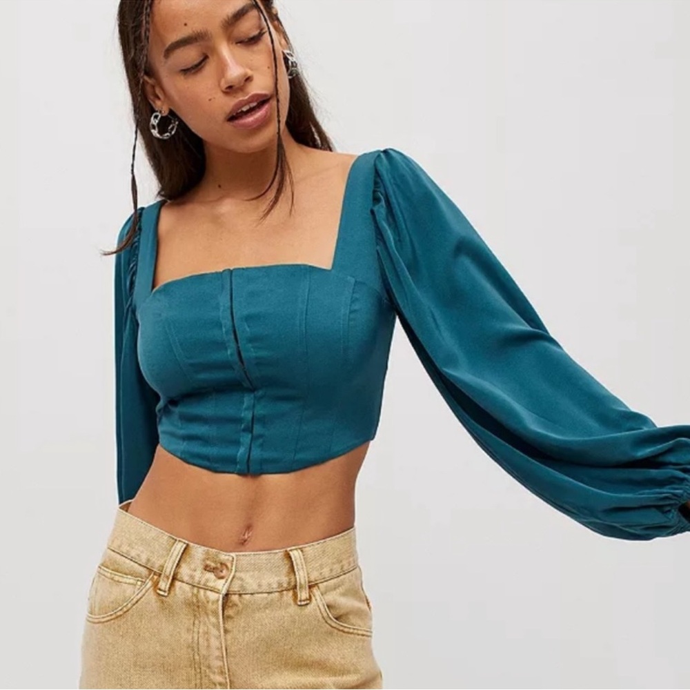 Urban Outfitters Dark Green Satin Puff Sleeve Blouse - NWT